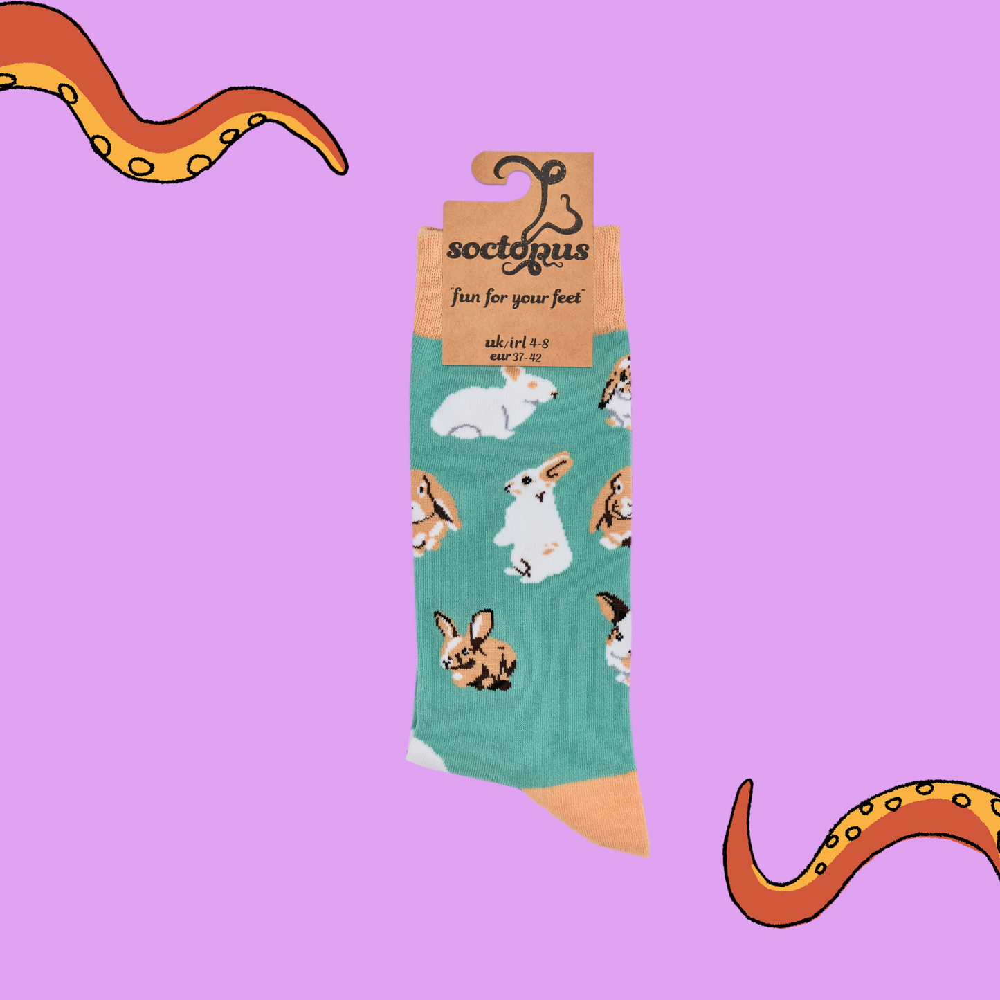 
                  
                    A pair of socks depicting rabbits playing. Green legs, brown cuff, heel and toe. In Soctopus Packaging.
                  
                