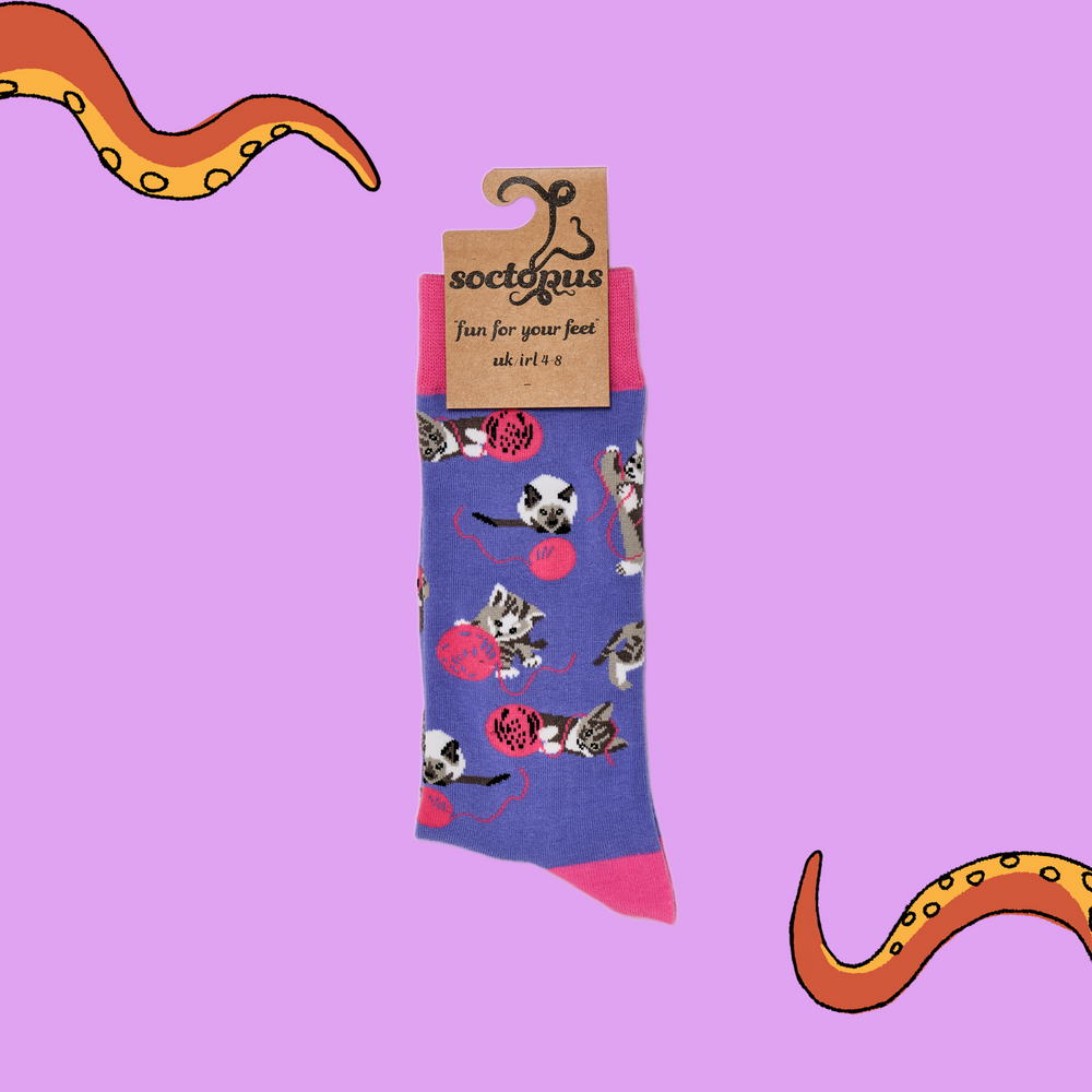 
                      
                        A pair of socks depicting cats playing with wool. Purple legs, pink cuff, heel and toe. In Soctopus Packaging.
                      
                    