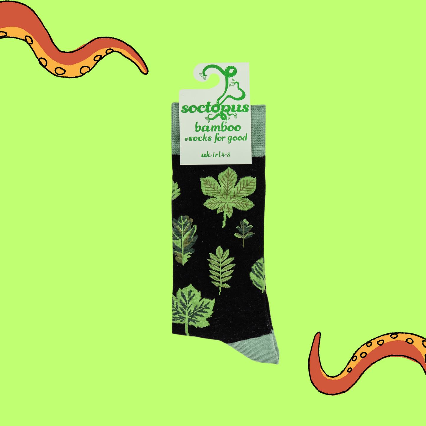 
                  
                    A pair of socks depicting bamboo leaves. Black legs, light green cuff, heel and toe. In Soctopus Packaging.
                  
                