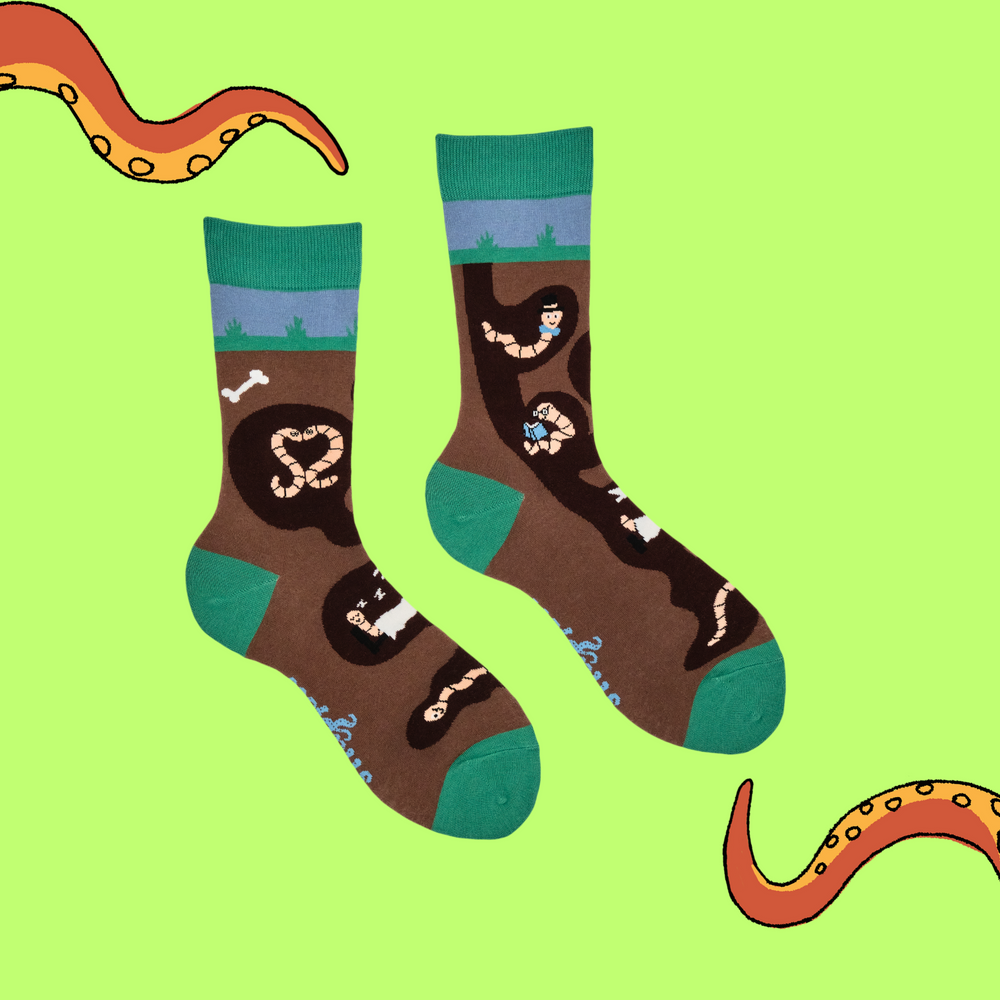 
                      
                        Wormery Socks. A pair of socks featuring earthworms. Brown legs, green heel, toe and cuff. 
                      
                    