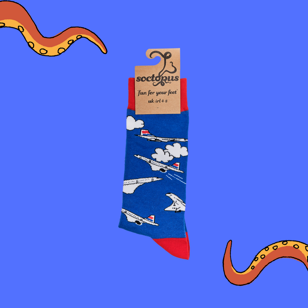 
                  
                    A pair of socks depicting the classic Concorde plane. Blue legs, red cuff, heel and toe. In Soctopus Packaging.
                  
                