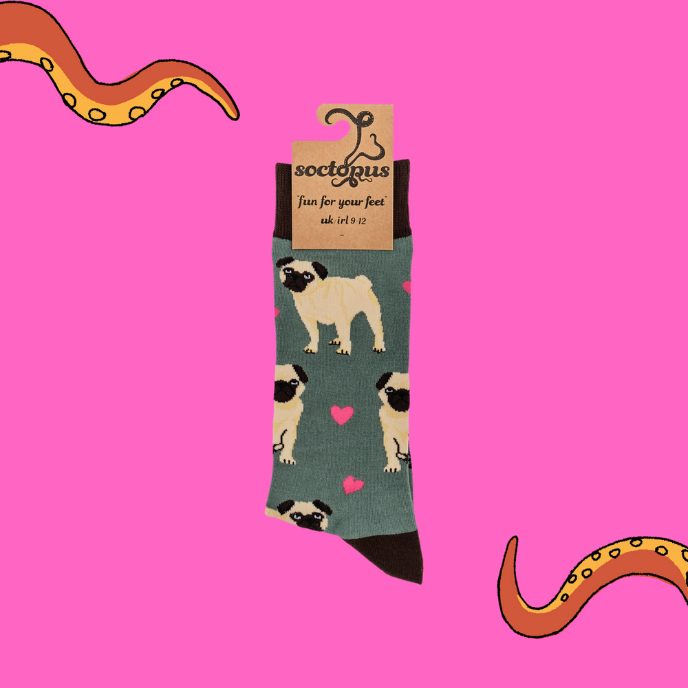 
                  
                    A pair of socks depicting hearts and pugs. Green legs, brown cuff, heel and toe In Soctopus Packaging.
                  
                