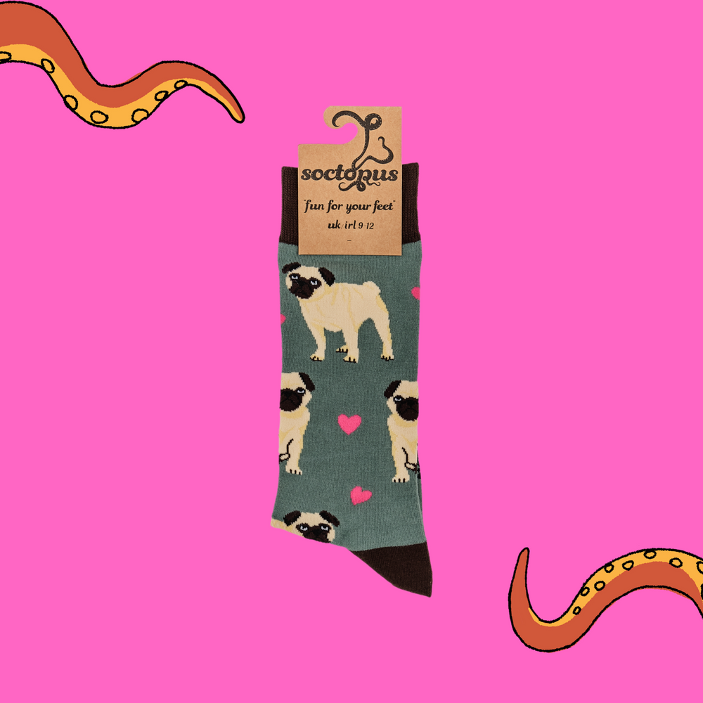 
                      
                        A pair of socks depicting hearts and pugs. Green legs, brown cuff, heel and toe In Soctopus Packaging.
                      
                    