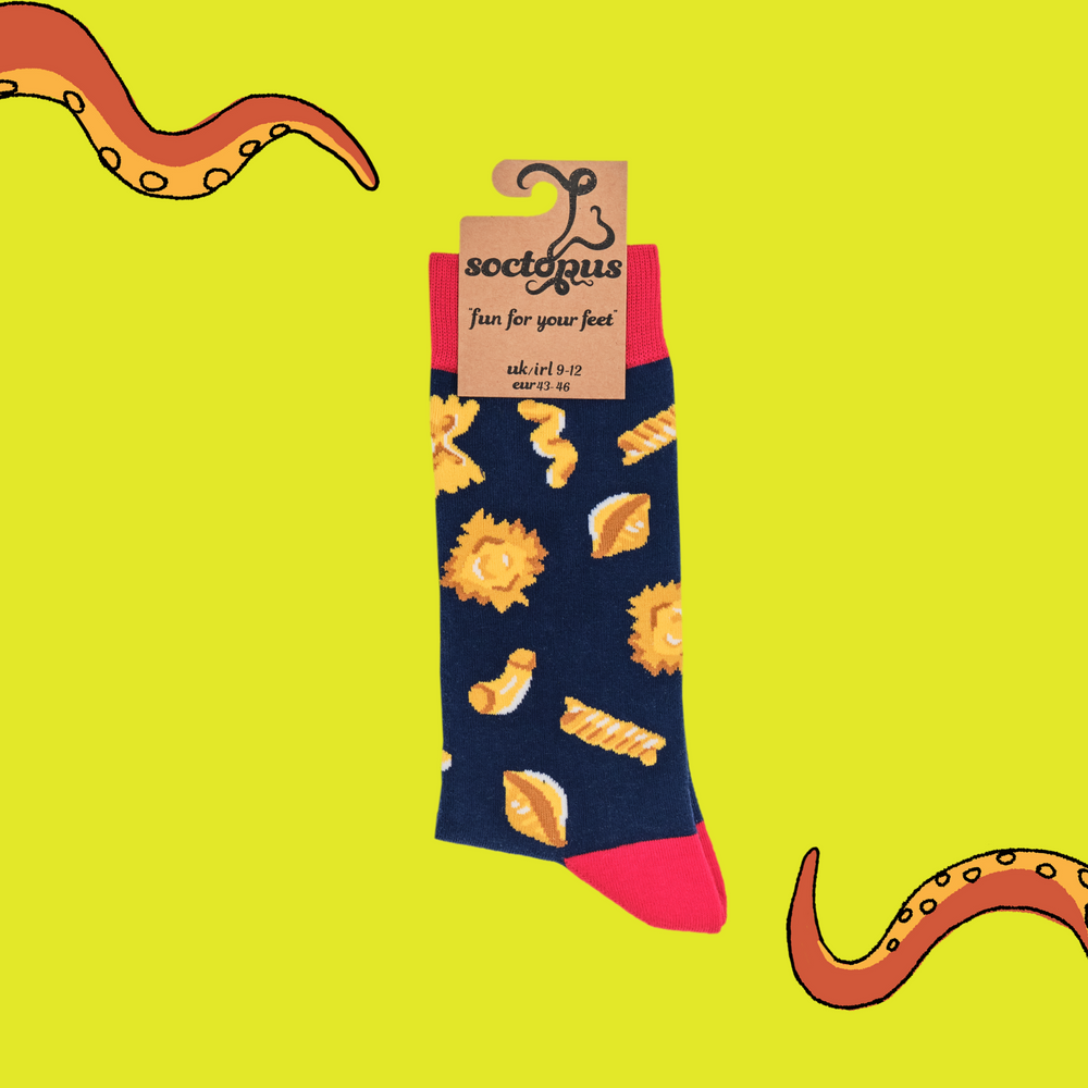 
                  
                    A pair of socks depicting different pasta shapes. Dark blue legs, red cuff, heel and toe. In Soctopus Packaging.
                  
                