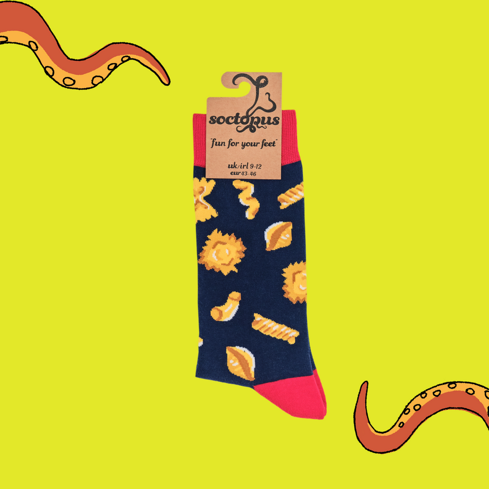 
                      
                        A pair of socks depicting different pasta shapes. Dark blue legs, red cuff, heel and toe. In Soctopus Packaging.
                      
                    