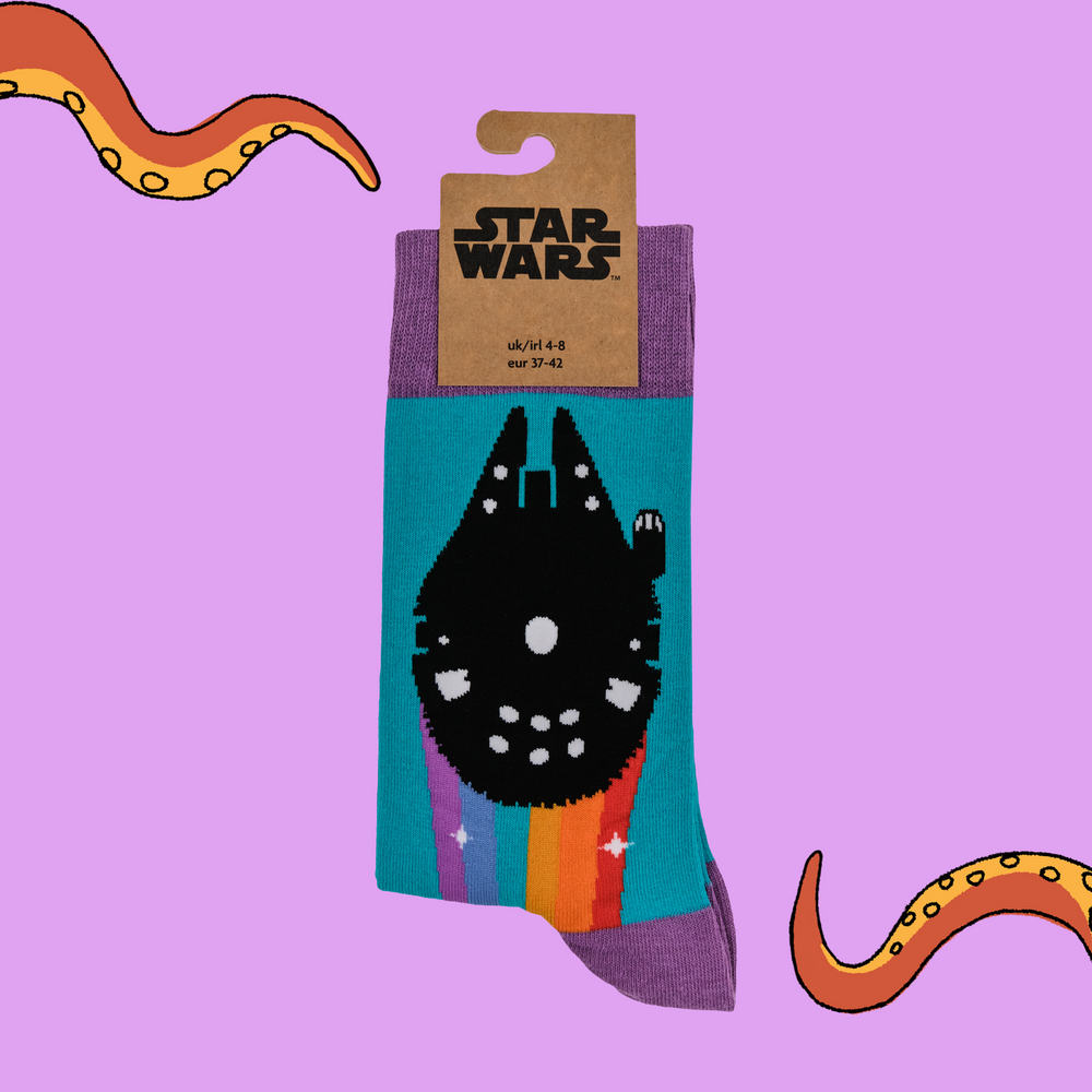 
                      
                        A pair of socks depicting the Millennium Falcon with a burst of pride. Turquoise legs, light purple heel, toe and cuff.
                      
                    