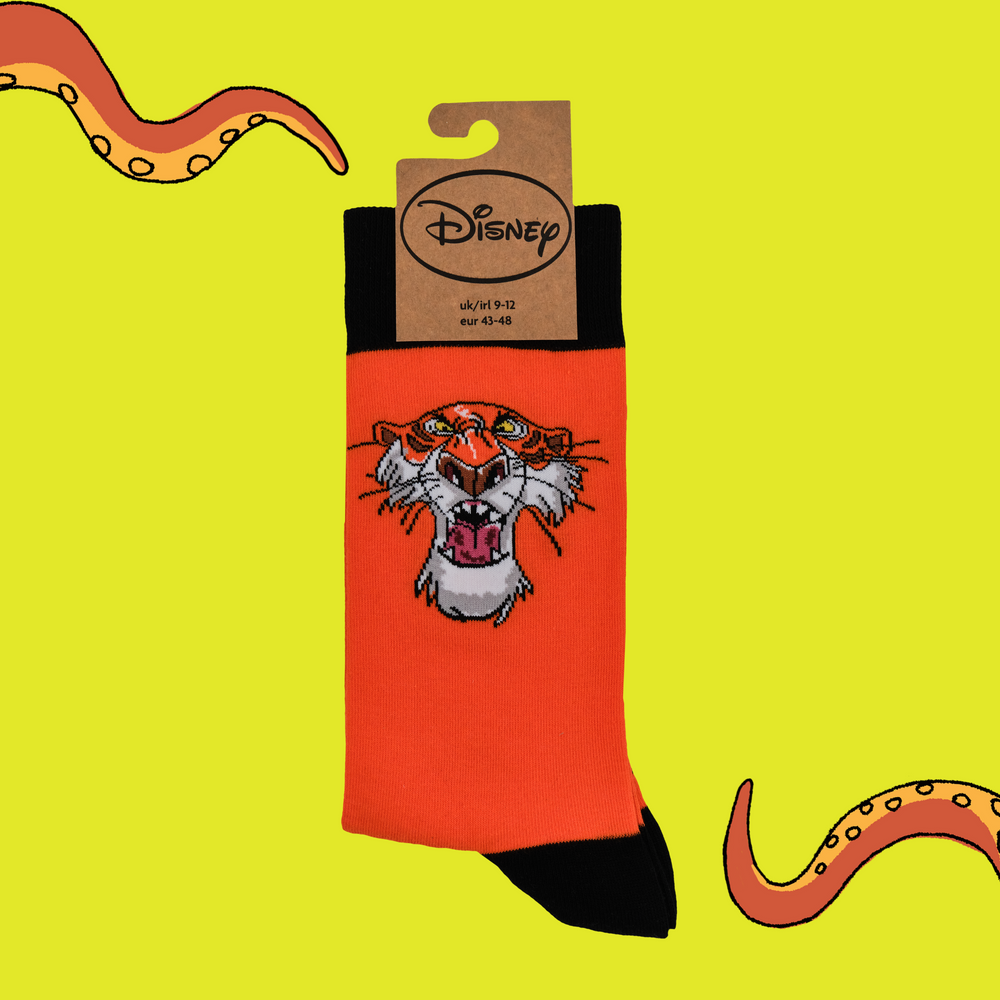 
                      
                        A pair of socks depicting the villain of Jungle Book. Shere Khan. Orange legs, black toes, cuffs and heel.
                      
                    