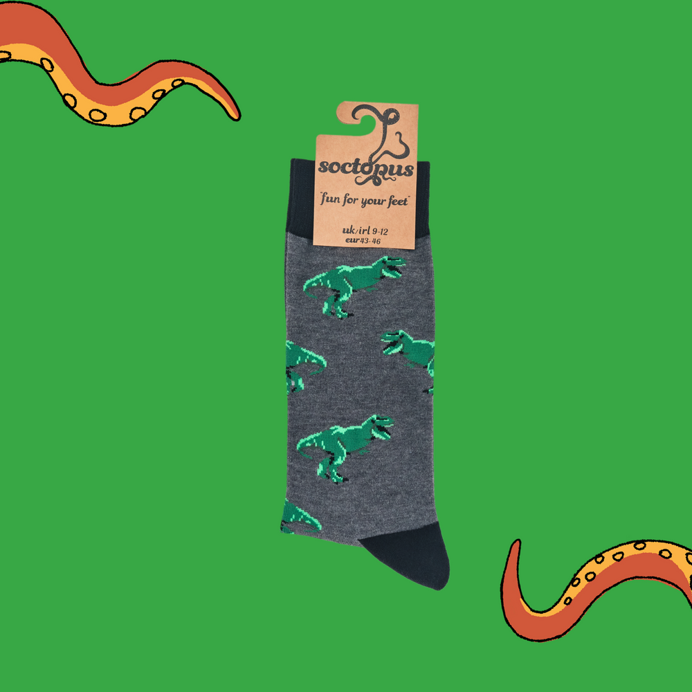 
                      
                        A pair of socks depicting T-Rex dinosaurs. Grey legs, black cuff, heel and toe. In Soctopus Packaging.
                      
                    