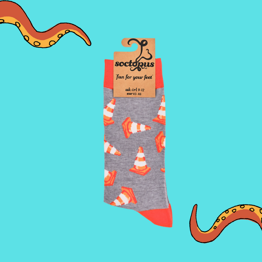 
                  
                    A pair of socks depicting traffic cones. Grey legs, orange cuff, heel and toe. In Soctopus Packaging.
                  
                