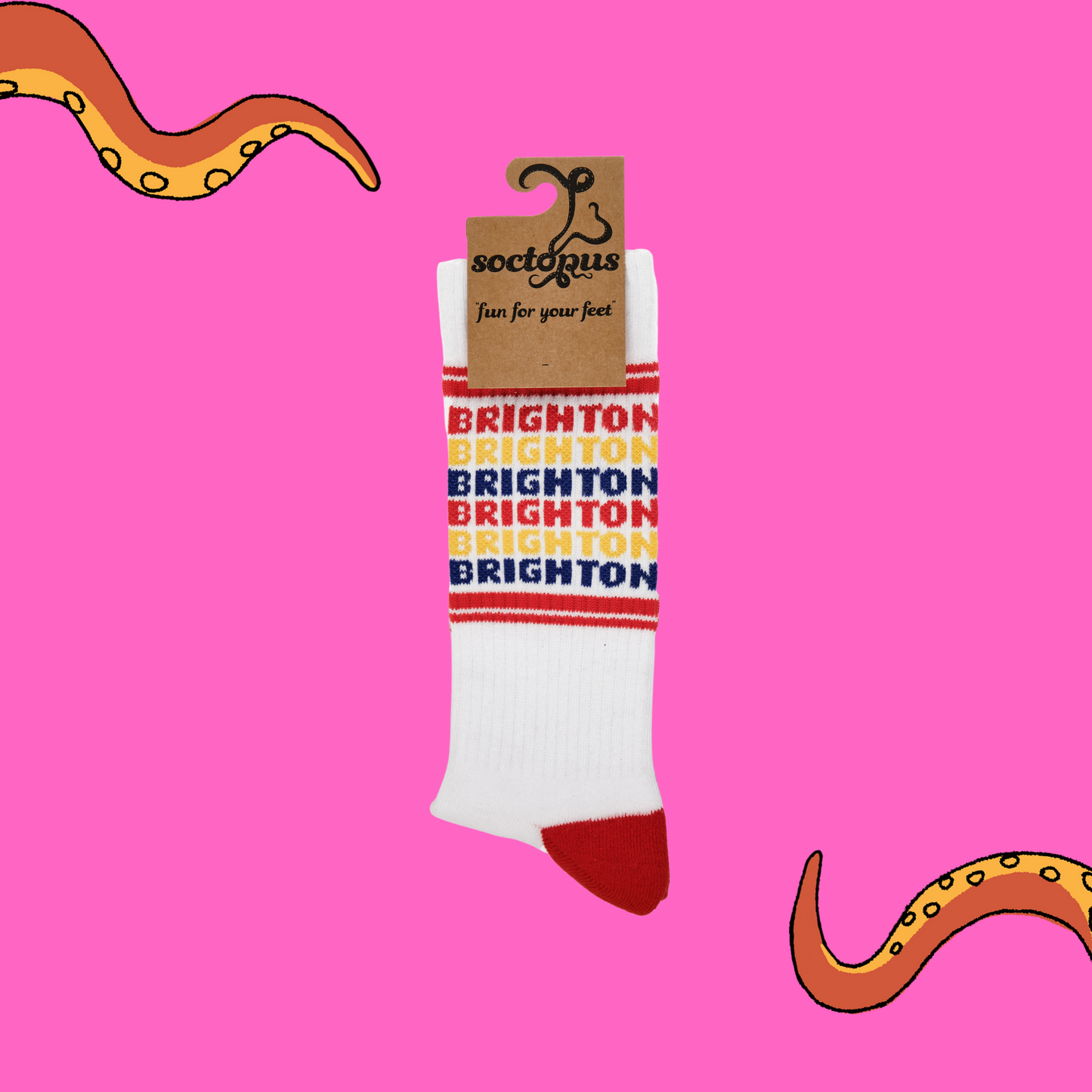 
                  
                    Sports style socks with Brighton text in rainbow colours. White legs, red cuff, heel and toe. In Soctopus Packaging.
                  
                