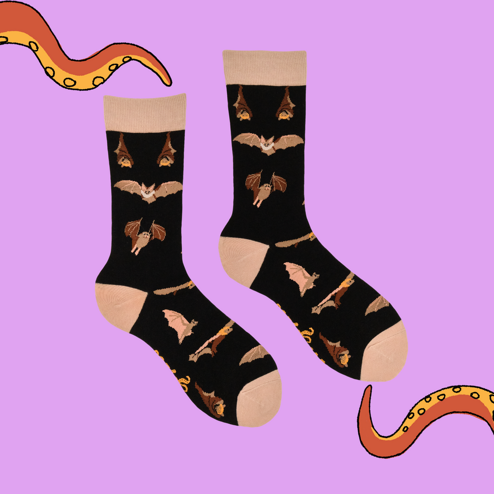 
                      
                        A pair of socks featuring a bat motif. Dark brown legs, light brown heel, toe and cuff. 
                      
                    