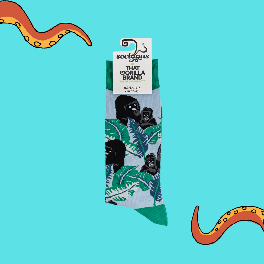 
                      
                        A pair of socks depicting gorillas in the forest. Green legs, green cuff, heel and toe. In Soctopus Packaging.
                      
                    