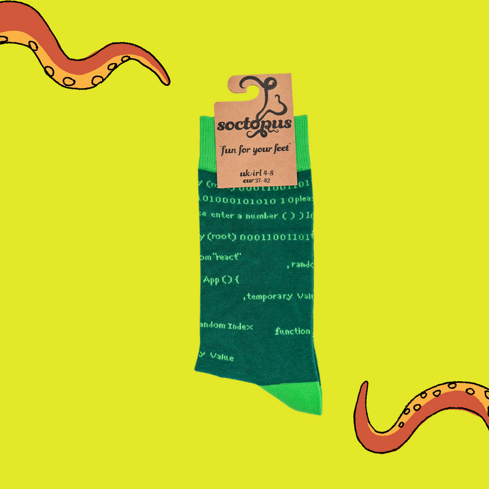 
                      
                        A pair of socks depicting HTML code and circuit boards. Green legs, light green cuff, heel and toe. In Soctopus Packaging.
                      
                    