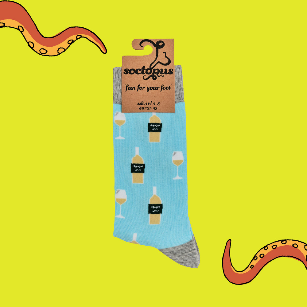 
                      
                        A pair of socks depicting bottles and wine glasses of white wine. Mint legs, grey cuff, heel and toe. In Soctopus Packaging.
                      
                    