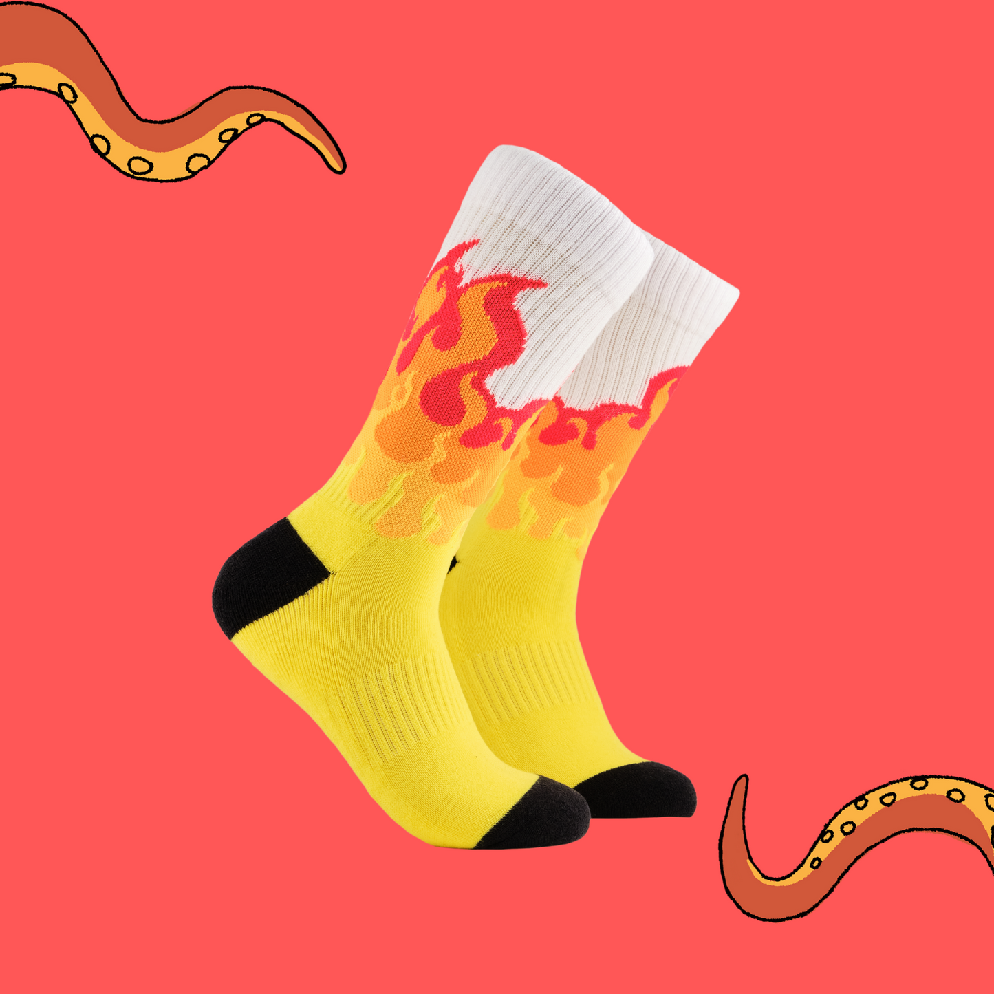 
                  
                    A pair of socks depicting rising flames. Yellow legs, white cuff, black heel and toe.
                  
                