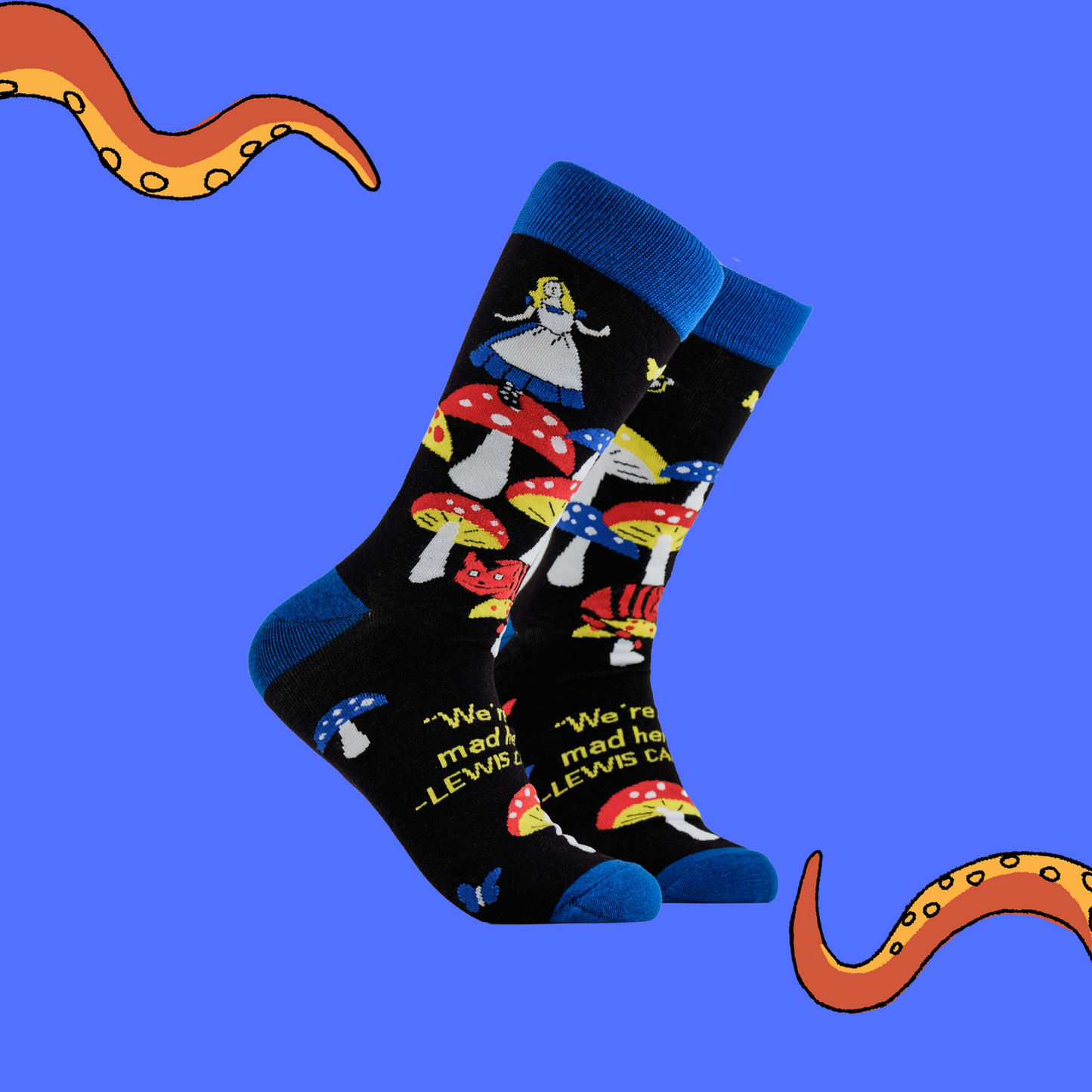 
                  
                    A pair of socks depicting Alice in wonderland and toadstools. Black legs, royal blue cuff, heel and toe.
                  
                