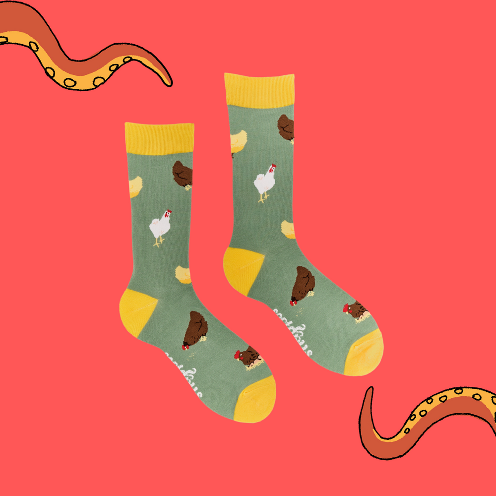 
                      
                        A pair of socks depicting chickens. Green legs, yellow cuff, heel and toe.
                      
                    