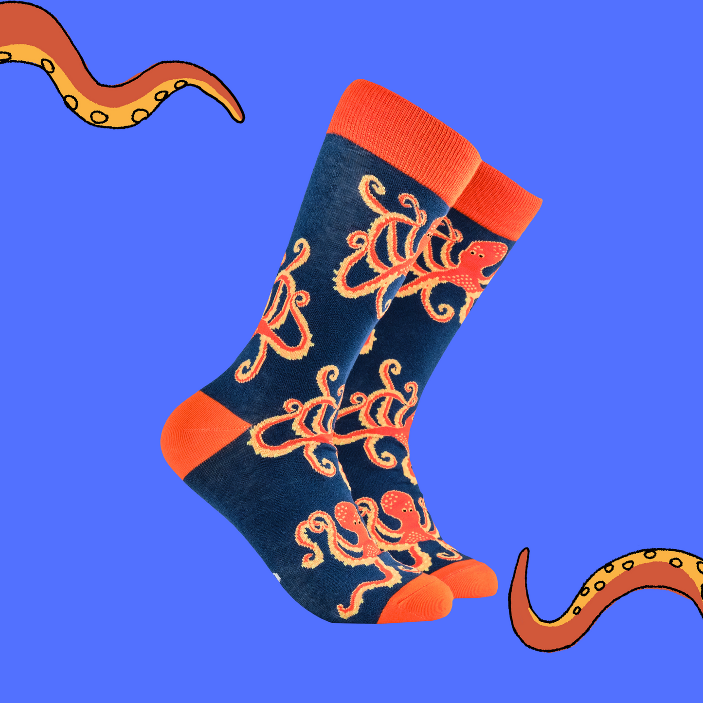 
                  
                    A pair of socks depicting the soctopus mascot, Captain Soctopus. Blue legs, red cuff, heel and toe.
                  
                