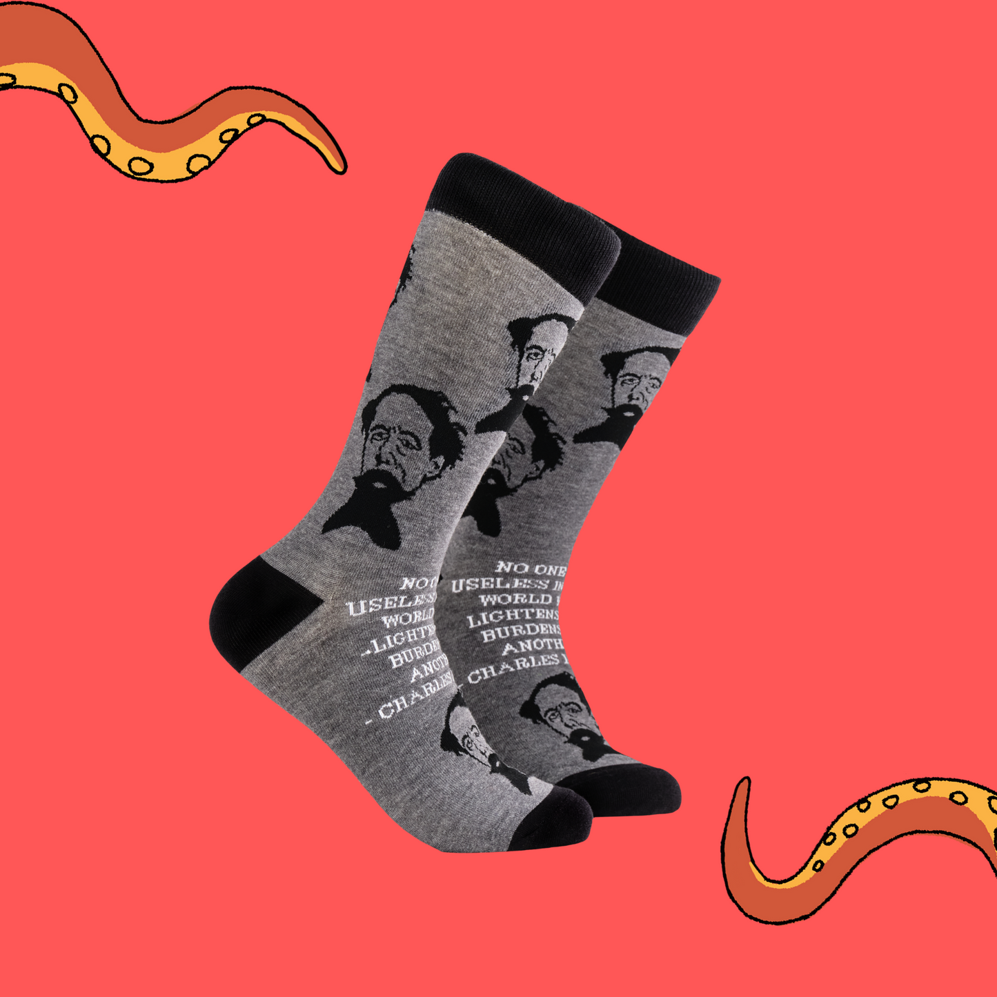 
                  
                    A pair of socks depicting Charles Dickens and a quote. Grey legs, black cuff, heel and toe.
                  
                