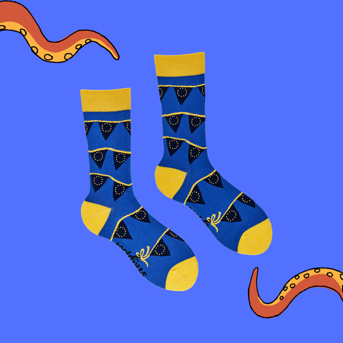 
                  
                    A pair of socks depicting the EU flag on bunting. Blue legs, yellow cuff, heel and toe.
                  
                