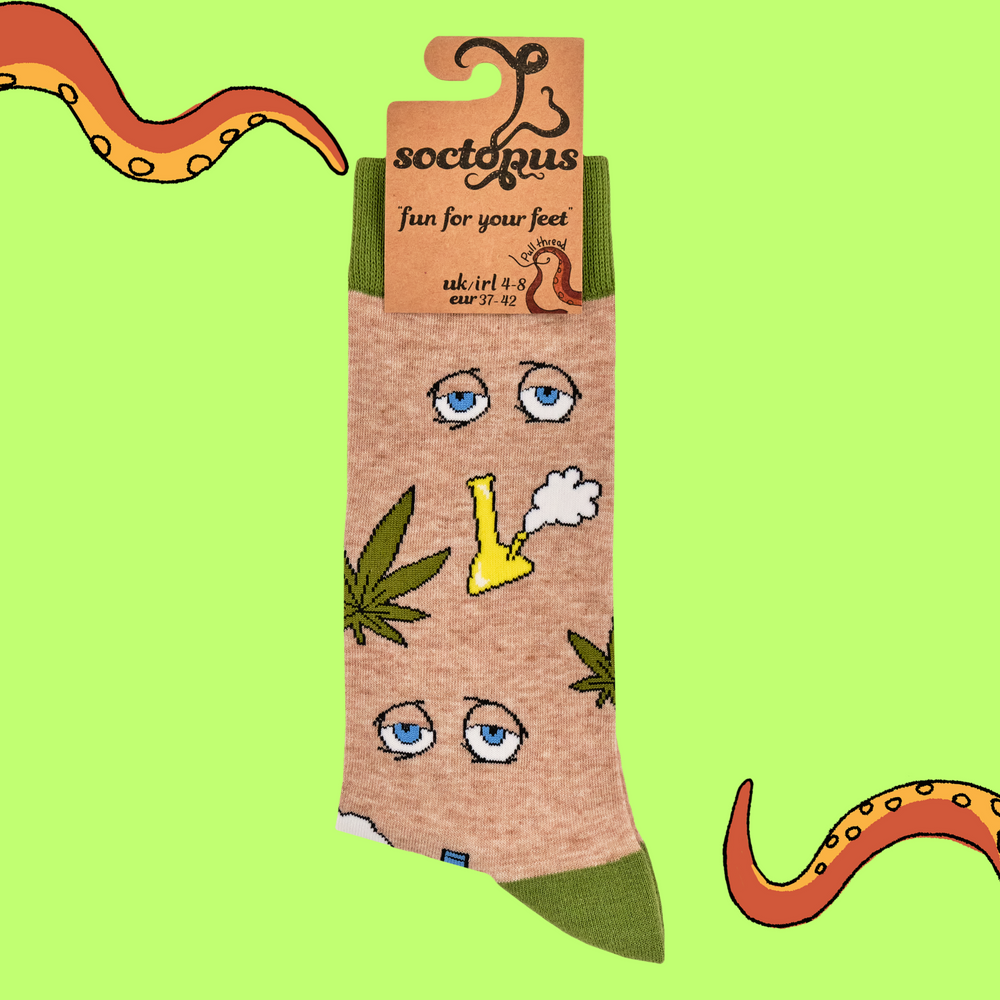 
                      
                        A pair of socks featuring bongs and weed. Beige legs, green heel, toe and cuff. 
                      
                    