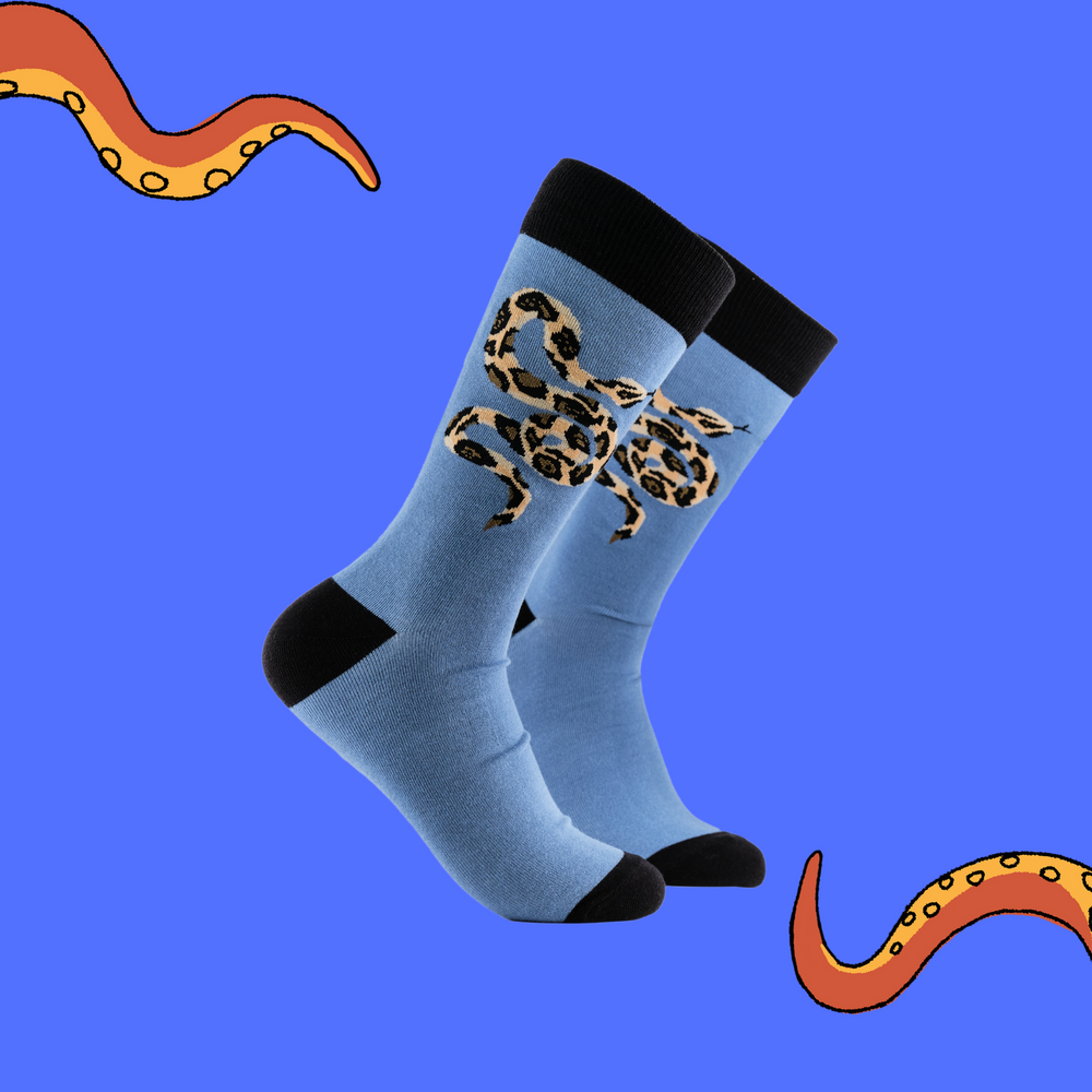 A pair of socks depicting a python. Blue legs, black cuff, heel and toe.