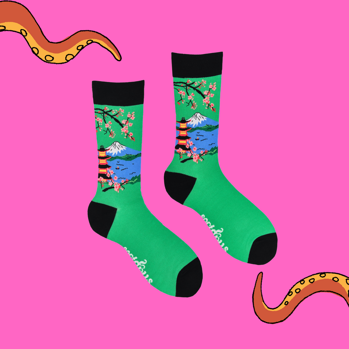 
                  
                    A pair of socks depicting mount fuji and cherry blossom. Green legs, black cuff, heel and toe.
                  
                