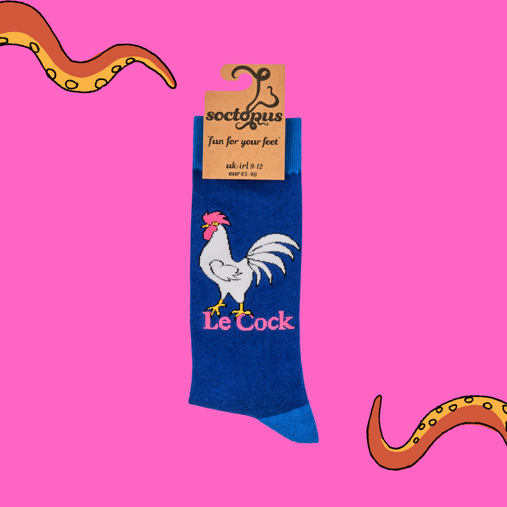 
                      
                        A pair of socks depicting a rooster whos in charge. Blue legs, light blue heel, toe and cuff. 
                      
                    