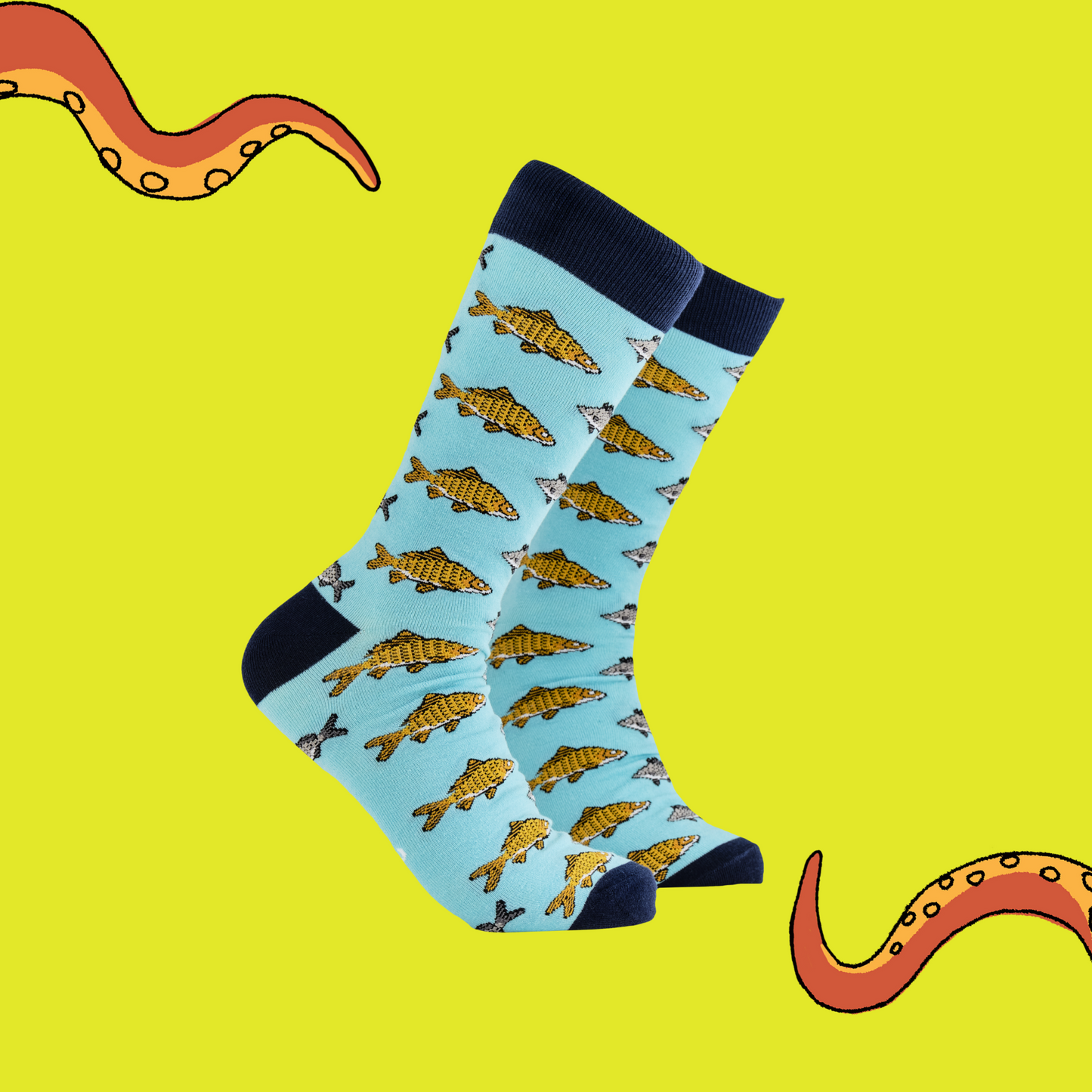 A pair of socks depicting Koi carp fish. Blue legs, dark blue cuff, heel and toe.