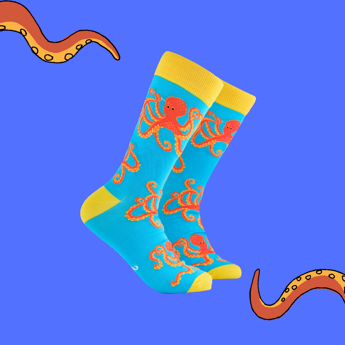 A pair of socks depicting the soctopus mascot, Captain Soctopus. Blue legs, yellow cuff, heel and toe.