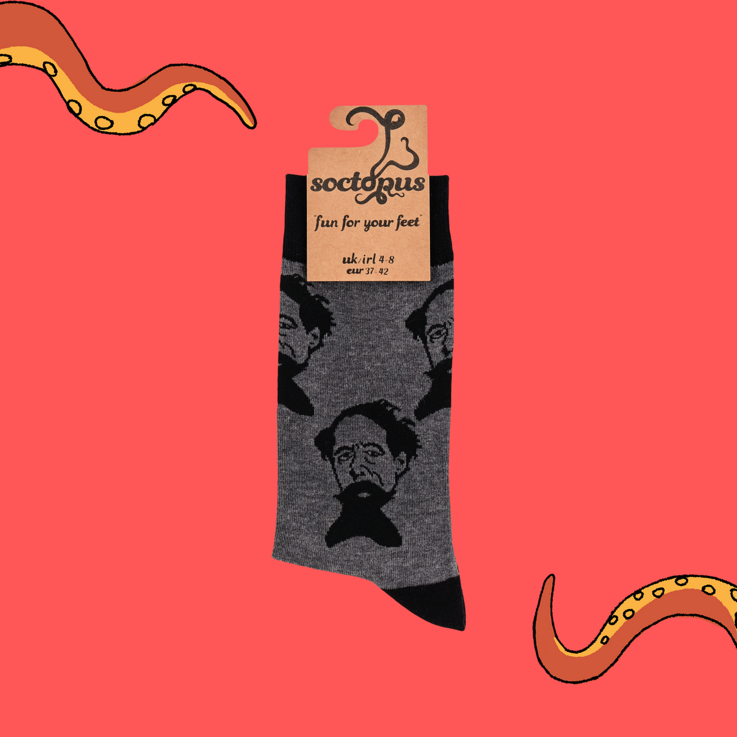 
                  
                    A pair of socks depicting Charles Dickens and a quote. Grey legs, black cuff, heel and toe. In Soctopus Packaging.
                  
                