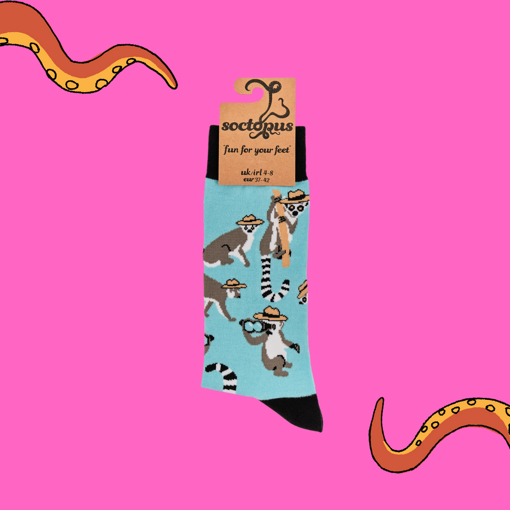 
                      
                        A pair of socks depicting Lemurs being detectives. Light blue legs, black cuff, heel and toe. In Soctopus Packaging.
                      
                    