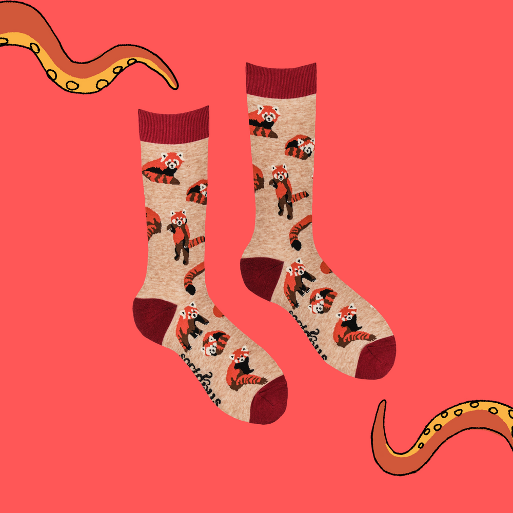 
                      
                        A pair of socks depicting cute little red pandas. Brown legs, red heel, toe and cuff. 
                      
                    