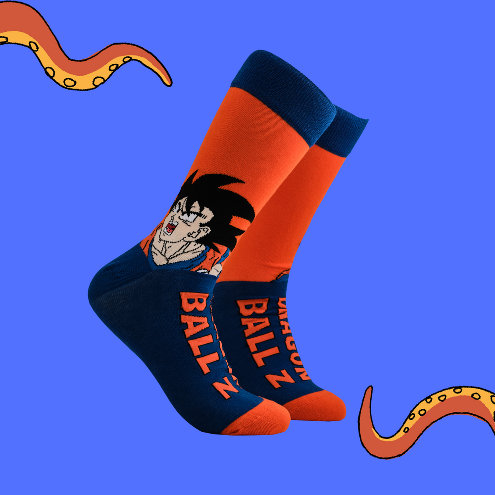 
                      
                        A pair of socks depicting Goku from Dragon Ball Z. Orange legs, dark blue heel, cuff and toe.
                      
                    