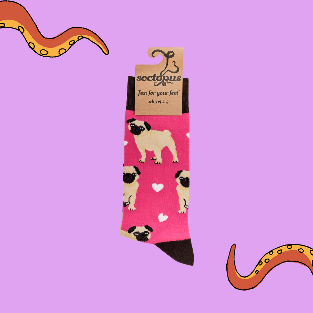 
                      
                        A pair of socks depicting hearts and pugs. Pink legs, brown cuff, heel and toe. In Soctopus Packaging.
                      
                    