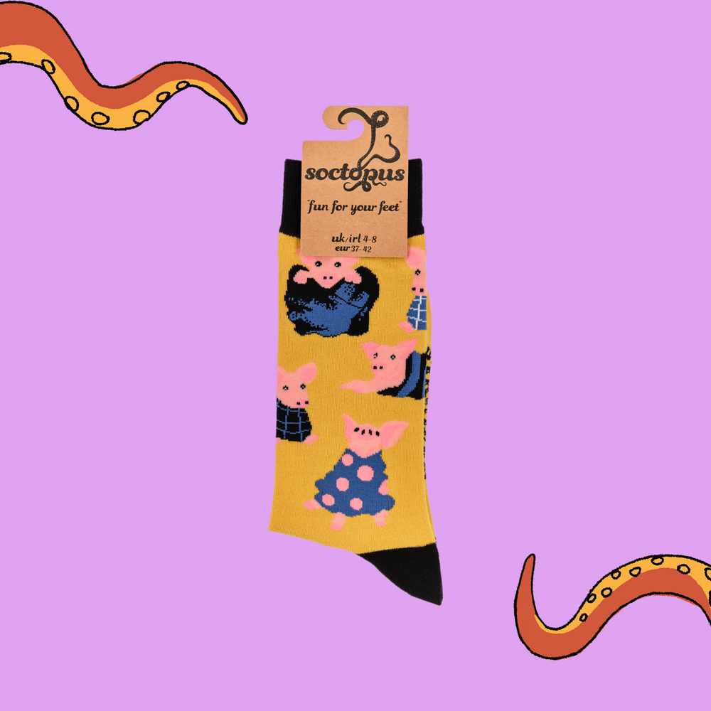 
                      
                        A pair of socks depicting Pigs wrapped up in cosy blankets. Yellow legs, black cuff, heel and toe. In Soctopus Packaging.
                      
                    