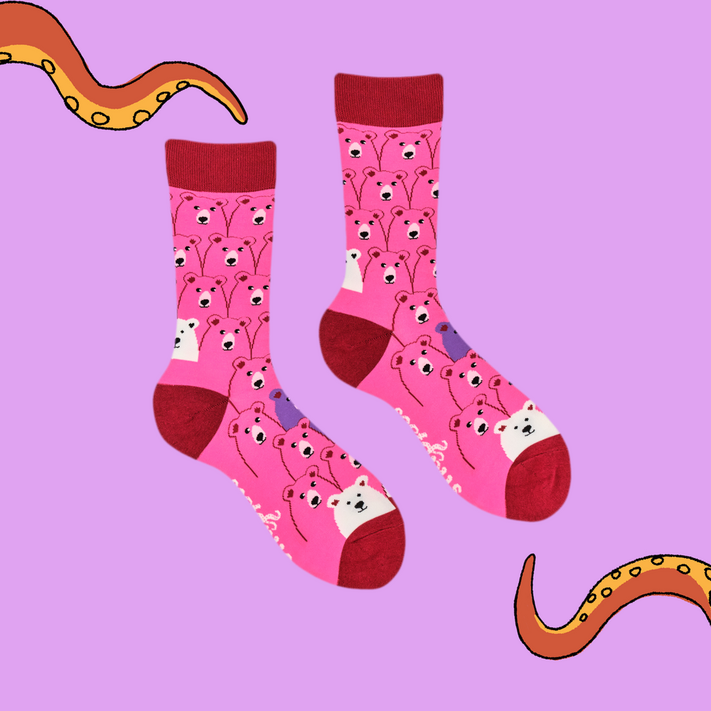 
                      
                        A pair of socks with a fun bear pattern. Bright pink legs, red heel, toe and cuff. 
                      
                    