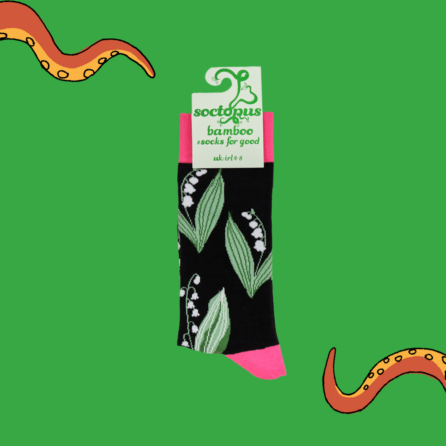 
                  
                    A pair of socks depicting Lilly of the Morning flowers. Black legs, pink cuff, heel and toe. In Soctopus Packaging.
                  
                