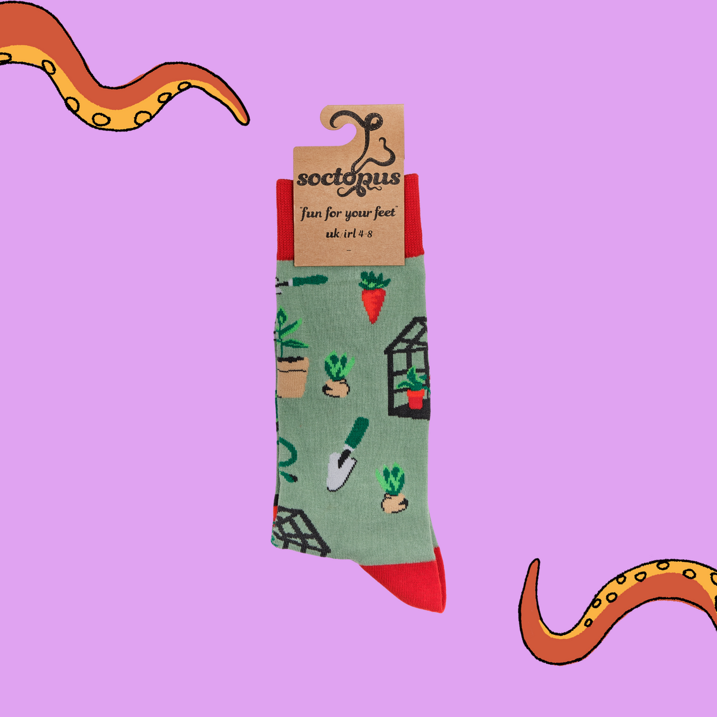 
                  
                    A pair of socks depicting garden tools and greenhouses. Green legs, red cuff, heel and toe. In Soctopus Packaging.
                  
                