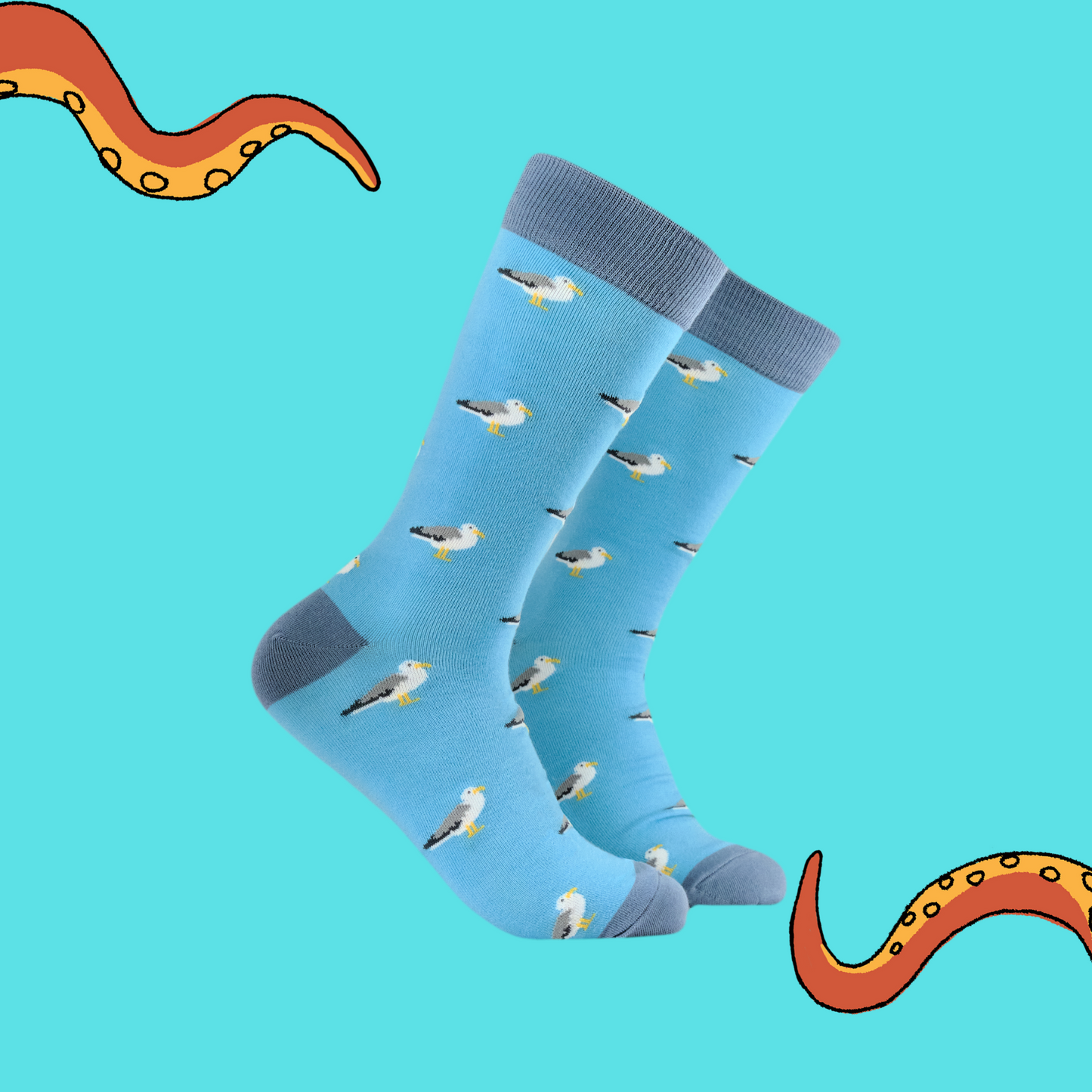 A pair of socks depicting seagulls. Blue legs, blue heel, toe and cuff. 