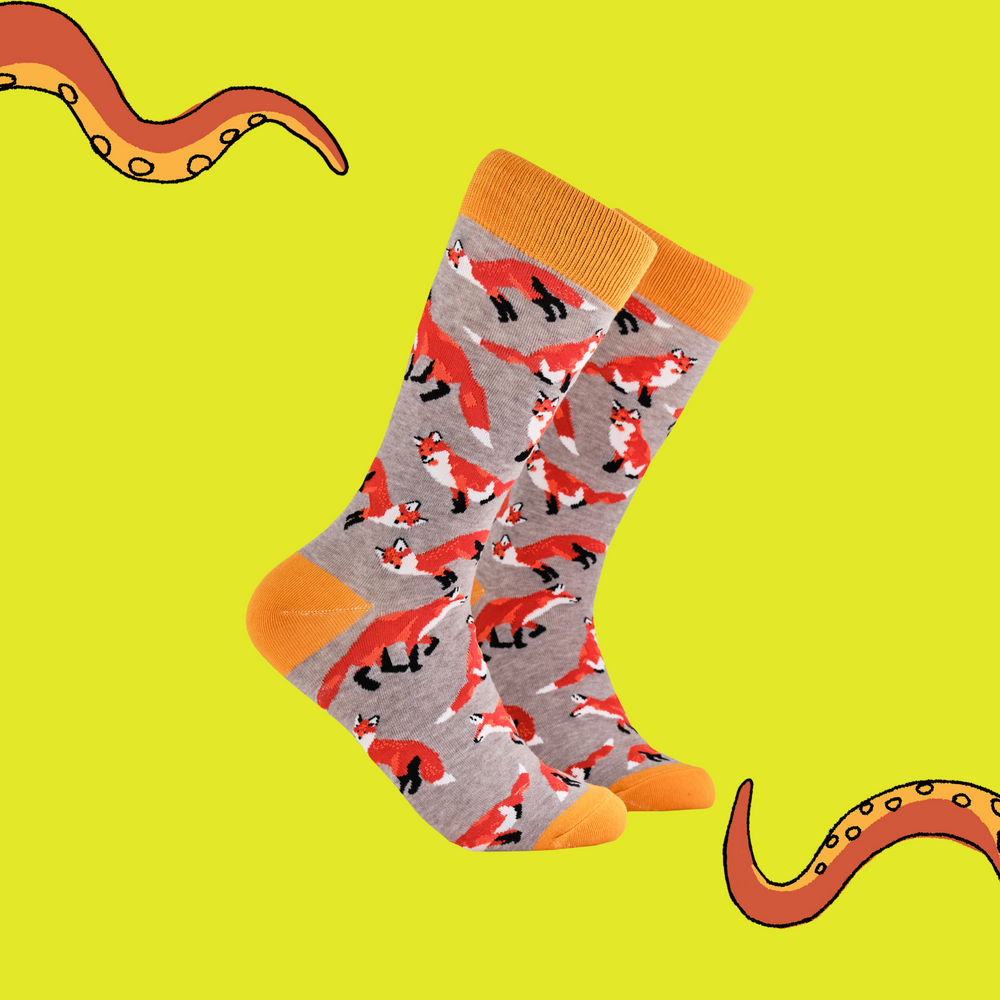 A pair of socks depicting playful foxes. Grey legs, orange cuff, heel and toe.