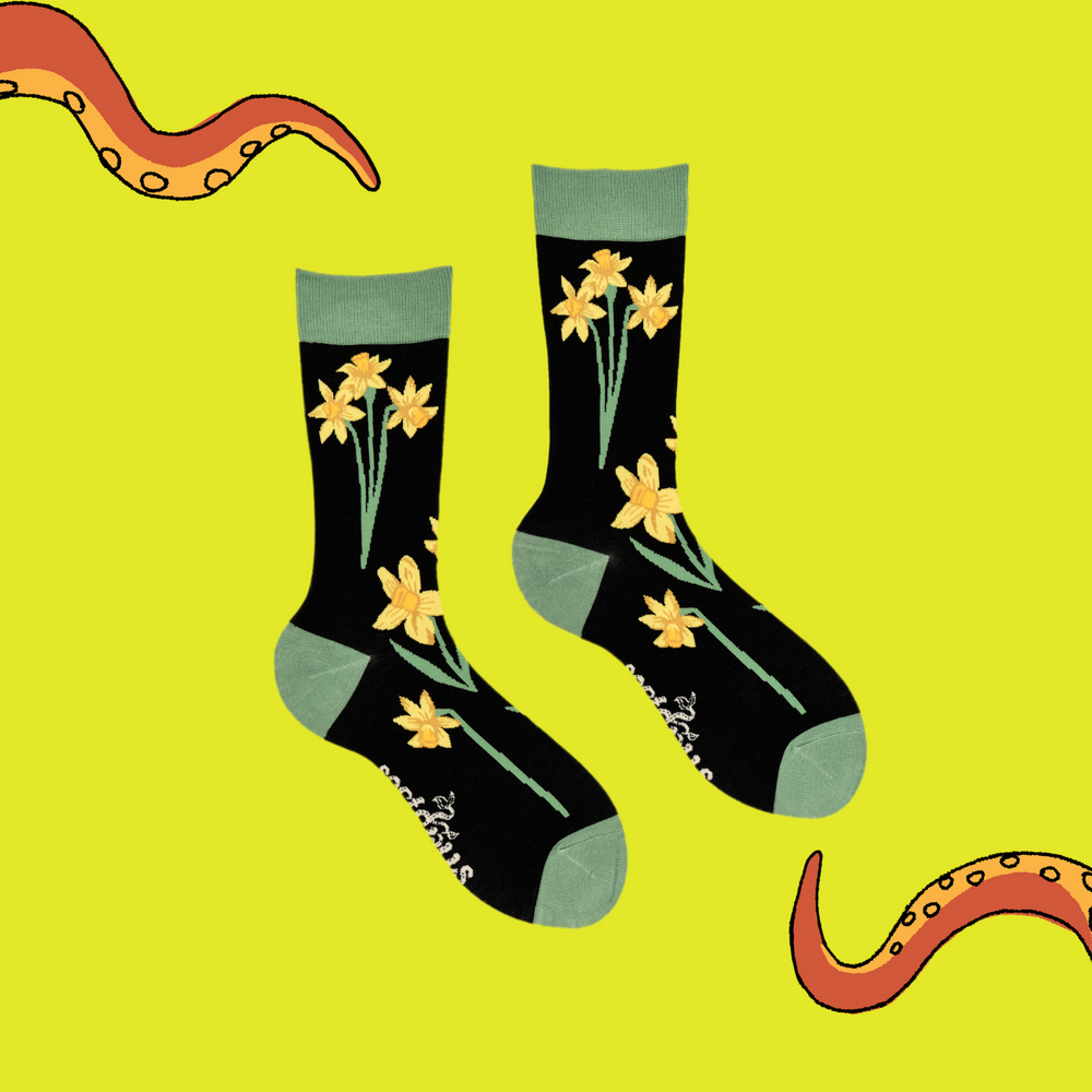 
                      
                        A pair of socks depicting daffodils. Black legs, light green cuff, heel and toe.
                      
                    