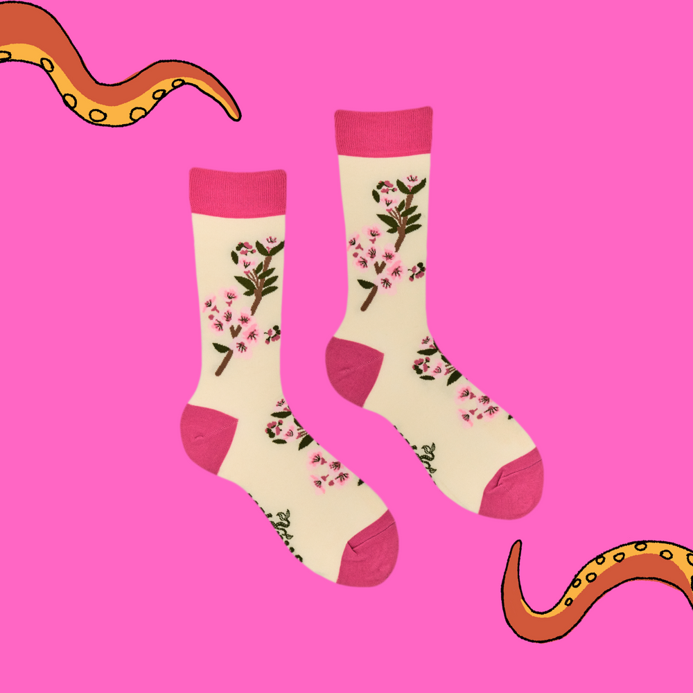 
                      
                        A pair of socks featuring cherry blossom. Beige legs, bright pink heel, toe and cuff.
                      
                    