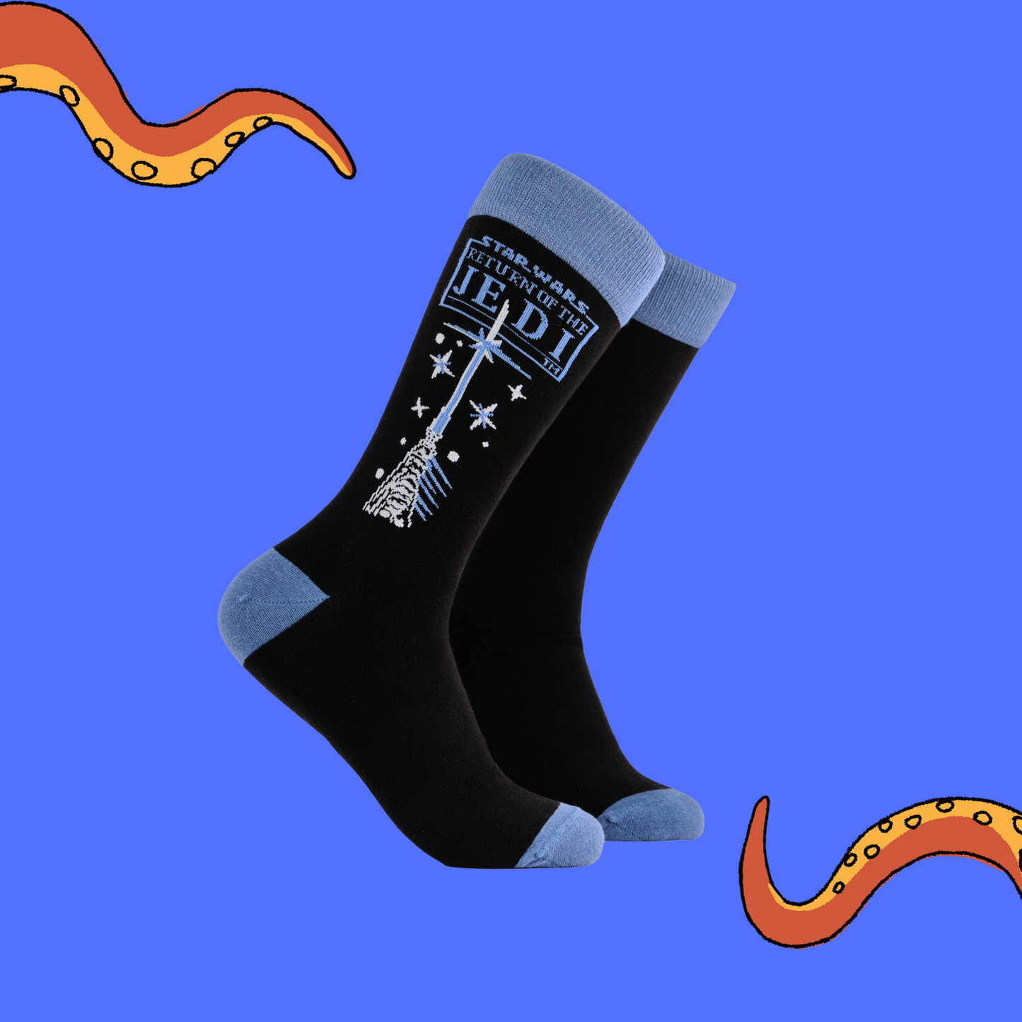 A pair of socks depicting hands holding a lightsaber. Black legs, blue cuff, heel and toe.