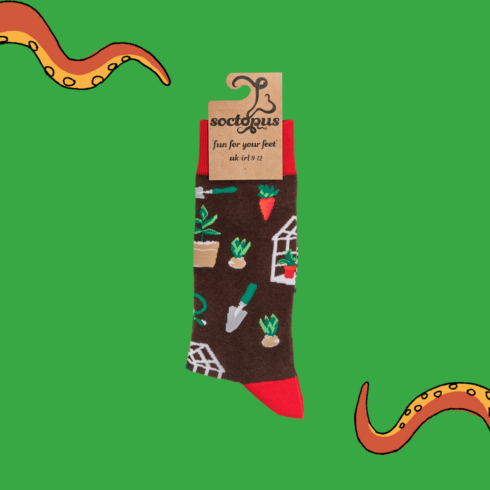 
                  
                    A pair of socks depicting garden tools and greenhouses. Brown legs, red cuff, heel and toe. In Soctopus Packaging.
                  
                