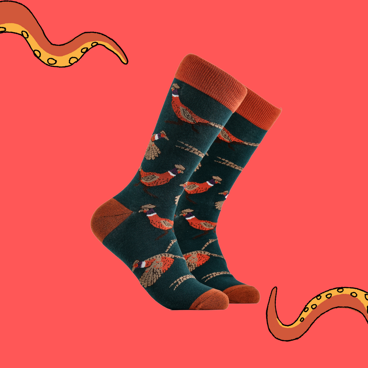 A pair of socks depicting wild pheasants. Green legs, red cuff, heel and toe.