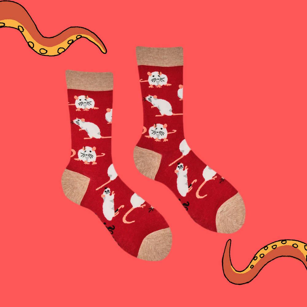 
                      
                        A pair of socks depicting lucky rats. Red legs, brown heel toe and cuff. 
                      
                    