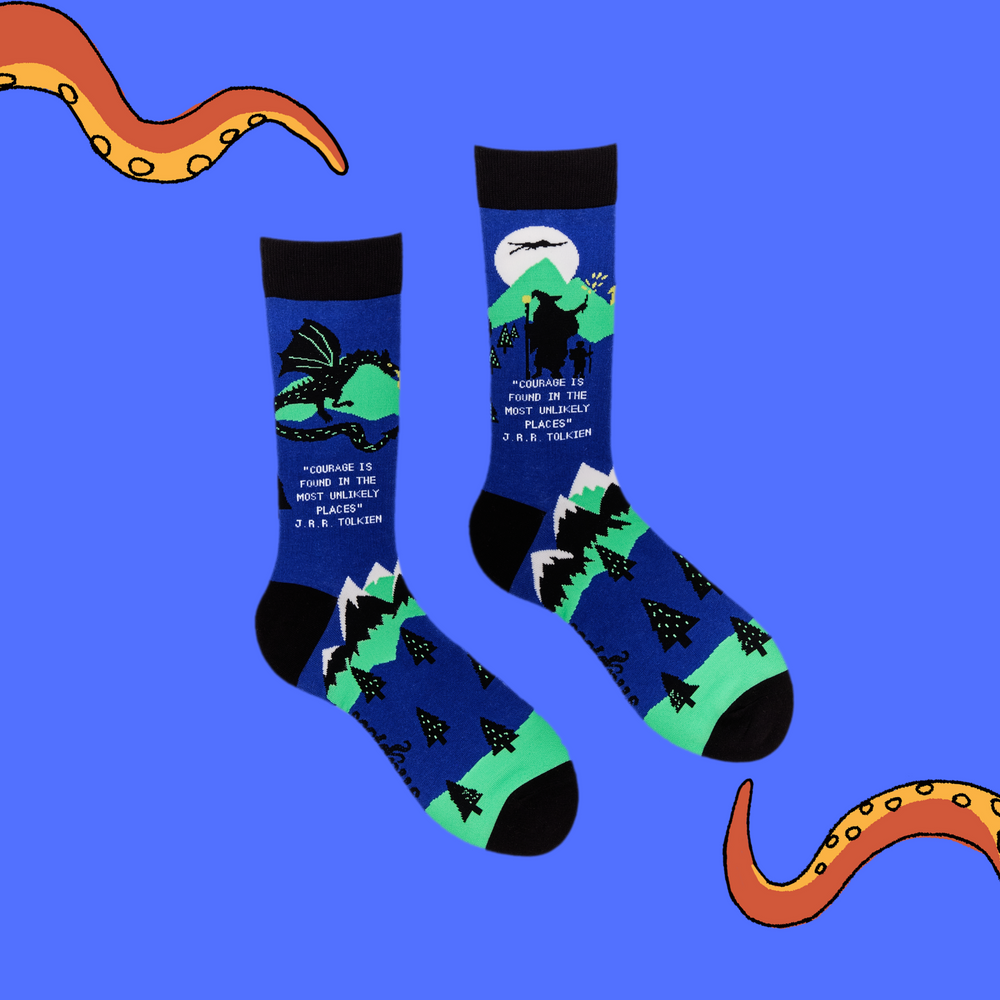 
                      
                        A pair of socks depicting middle earth. Blue legs, black cuff, heel and toe.
                      
                    