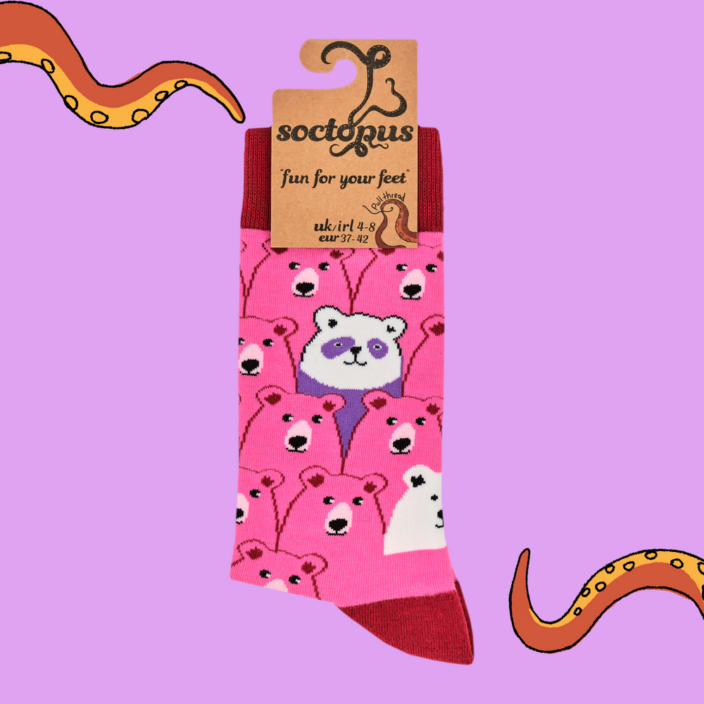 
                      
                        A pair of socks with a fun bear pattern. Bright pink legs, red heel, toe and cuff. 
                      
                    