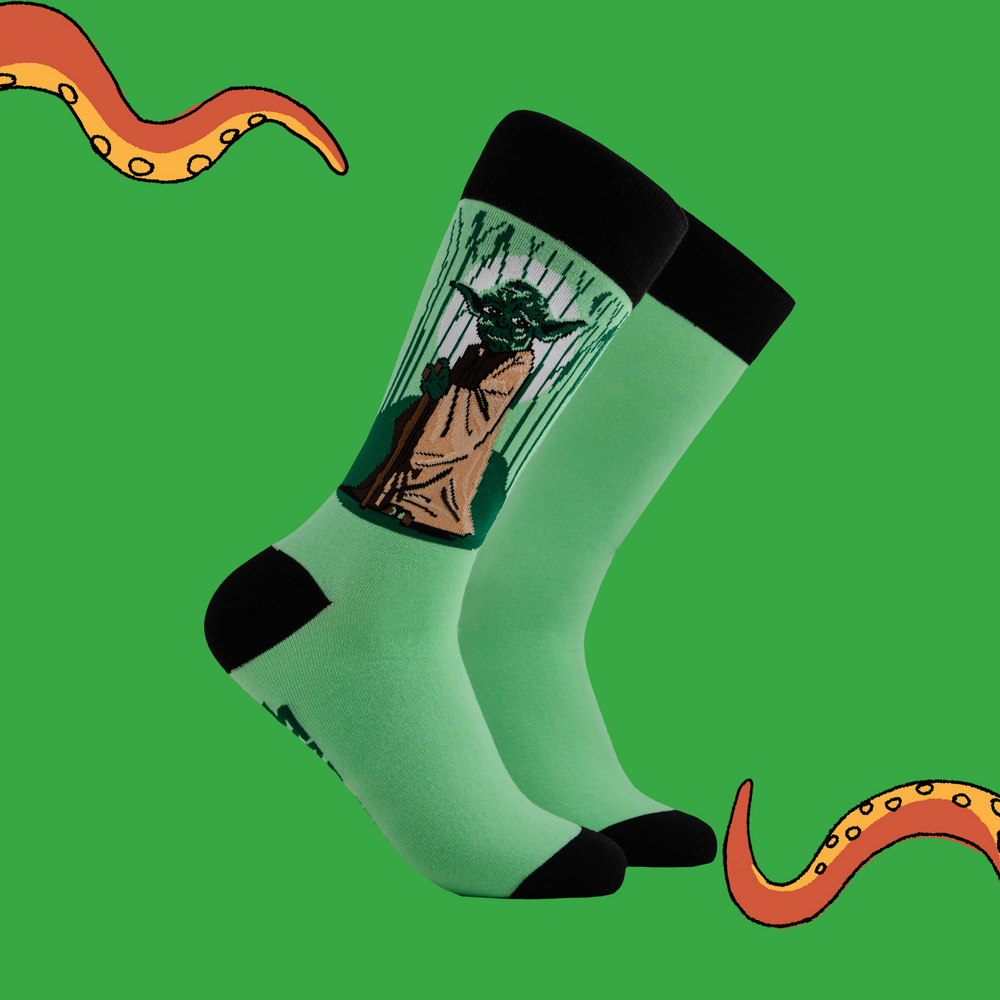 
                      
                        A pair of socks depicting Master Yoda. Green legs. Dark green cuff, toe and heel.
                      
                    